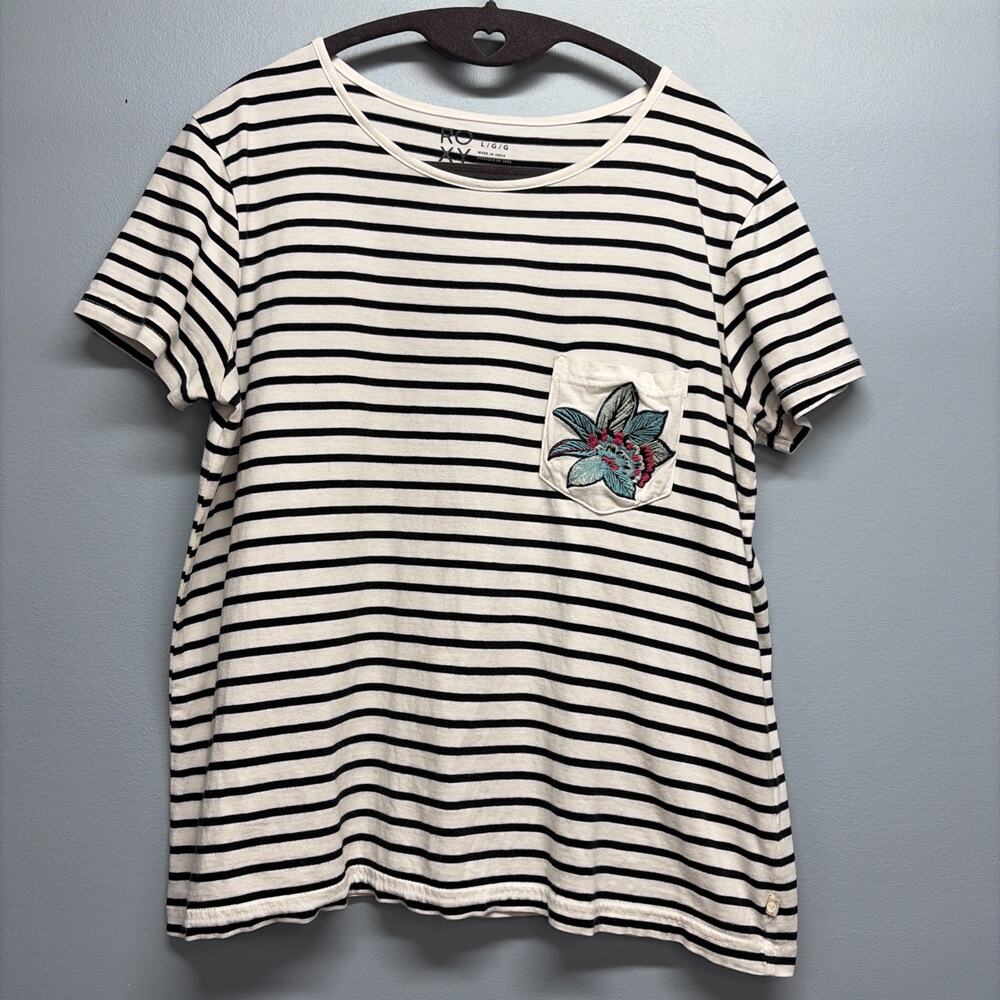 Roxy - Black & White Striped Crop Floral Embroidered Pocket Top - Size Large